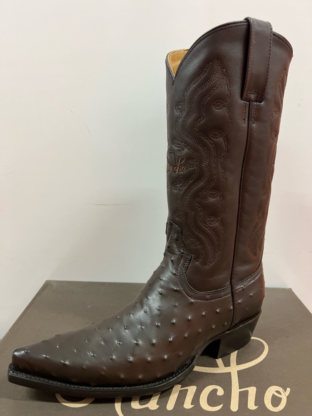 NEW Rancho Boots- Men’s Western Cowboy Boots Dark Brown Ostrich Print Snip Toe